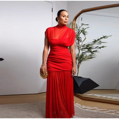 Elegant Mesh Patchwork Pleated Long Skirt Dress for Women Slim Evening Party Maxi Dress